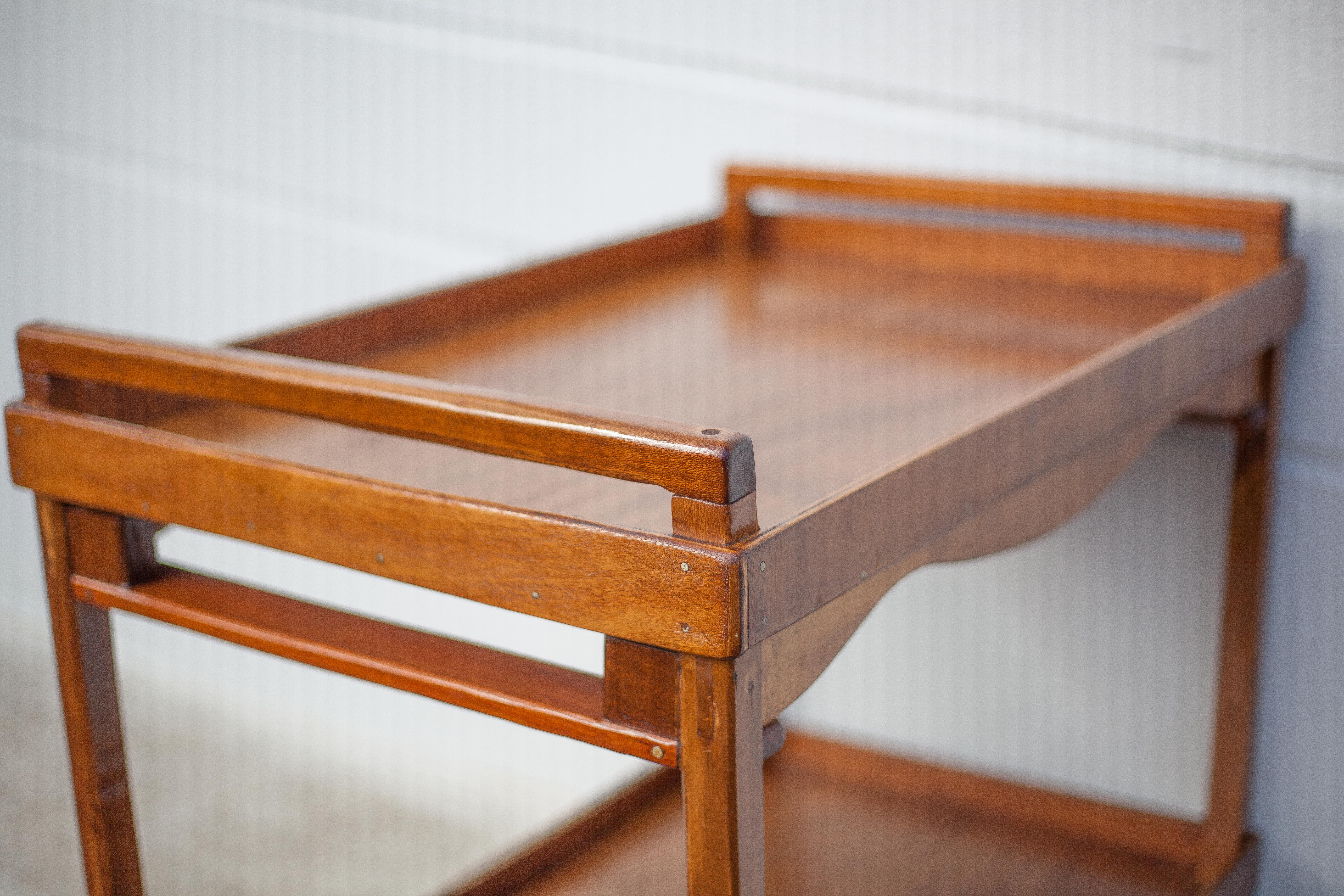 Wooden service with wheels, rolling trolley, rolling bar, wooden lounge furniture, vintage