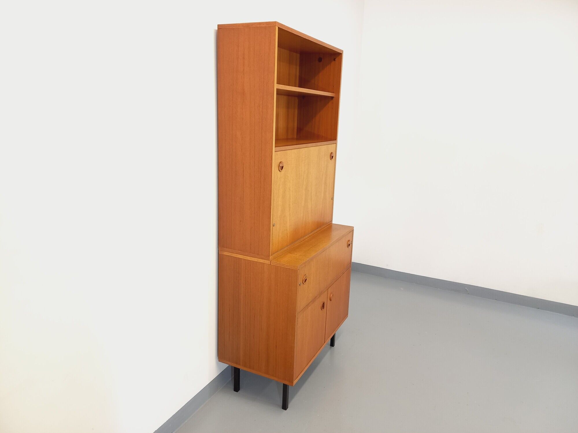 Bookcase cabinet vintage teak and metal storage secretary from the 60s