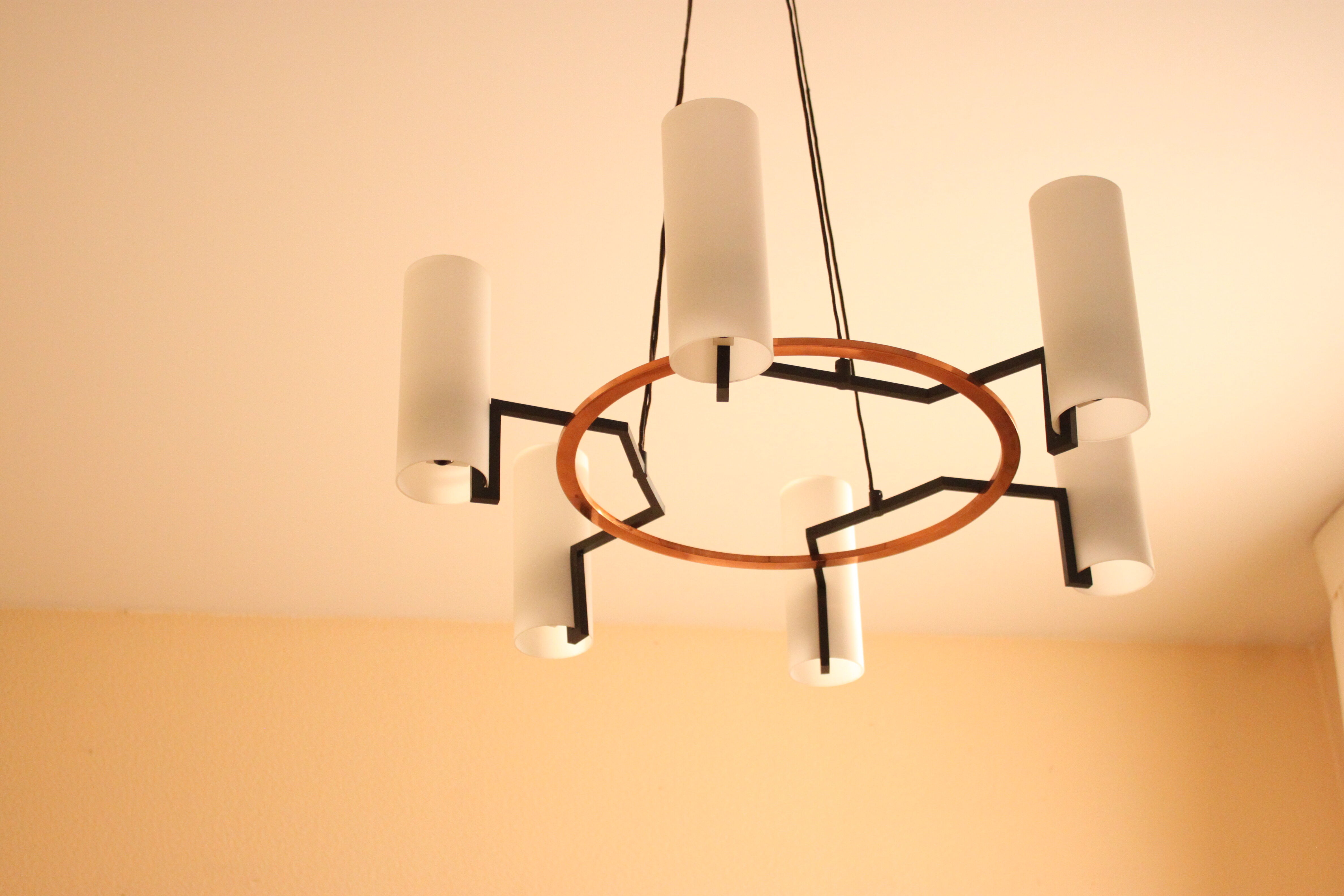 Modernist chandelier of the 60s, copper and opaline, cathedral
