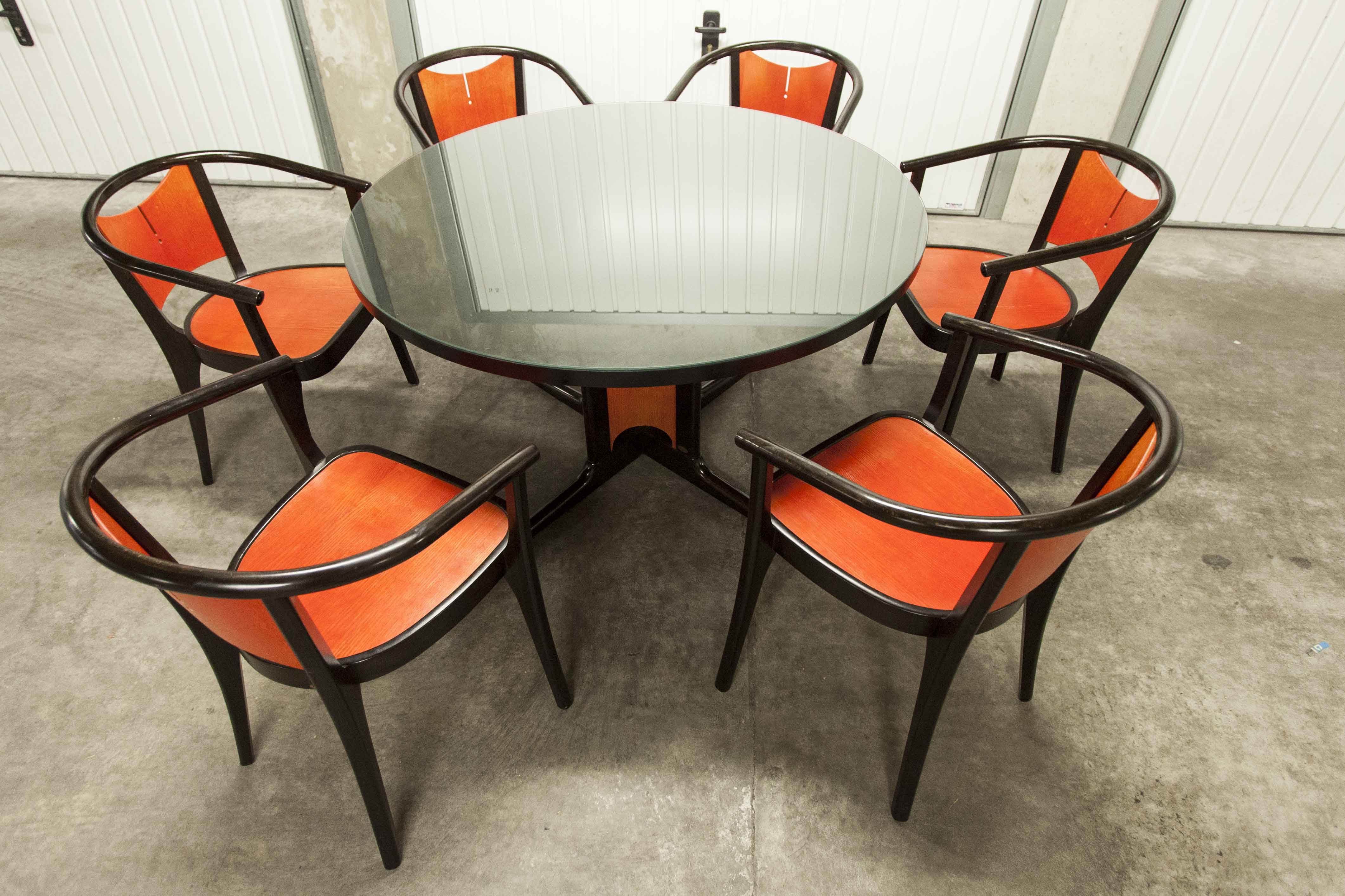 Table and 6 armchairs Baumann Diese, design Pagnon Pelhaître, Wenge color and red,