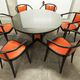 Table and 6 armchairs Baumann Diese, design Pagnon Pelhaître, Wenge color and red,