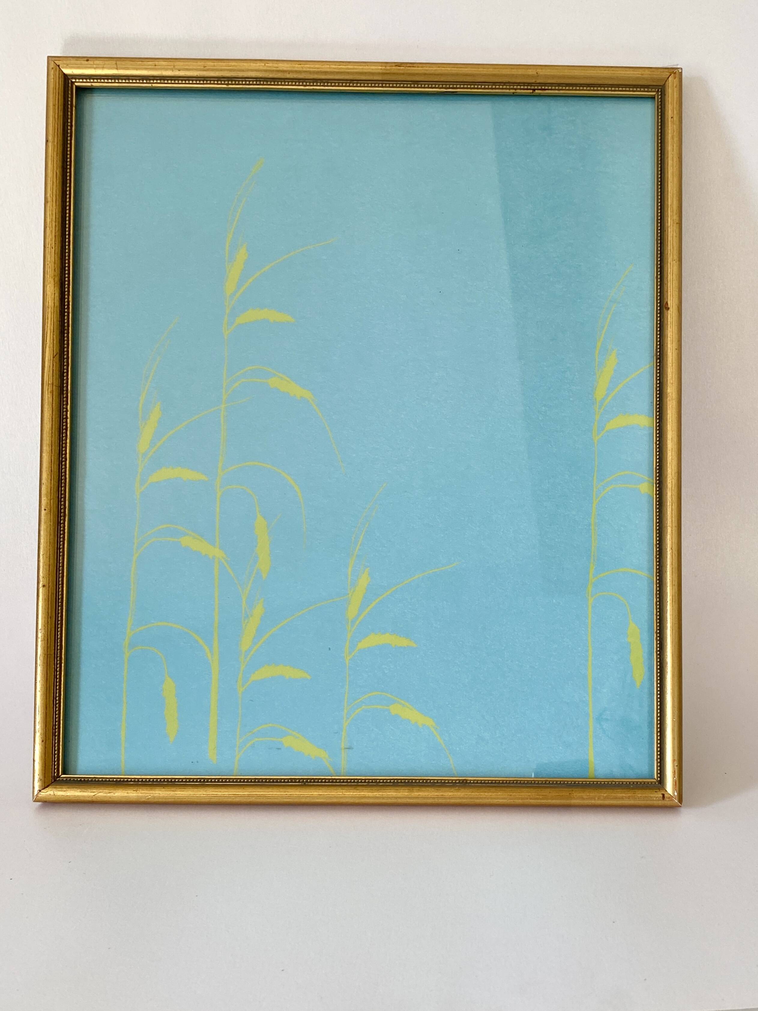 Sérigraphie années 80, cadre vitré bois doré