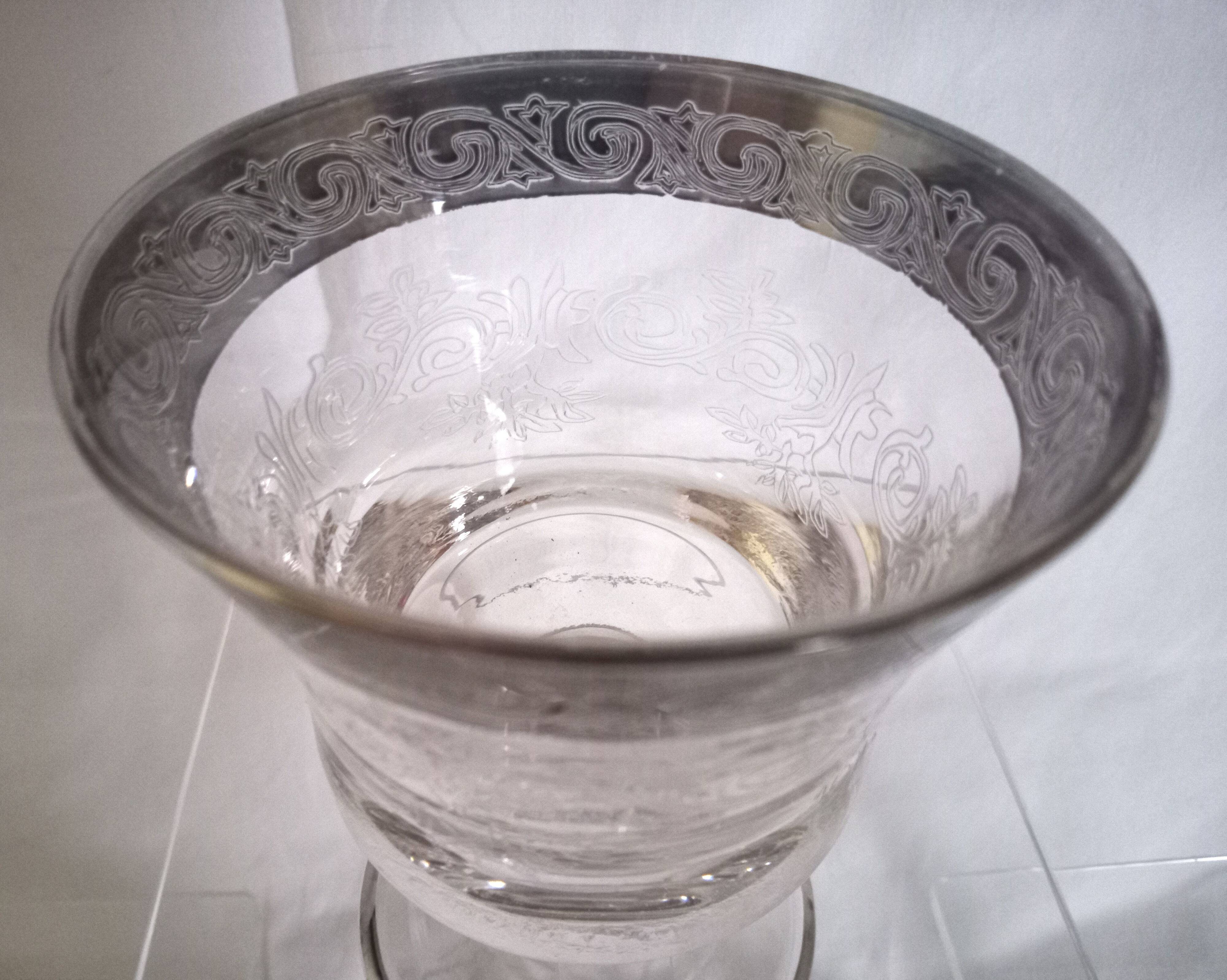 Set of 5 engraved Murano wine (or water) glasses, silver rim