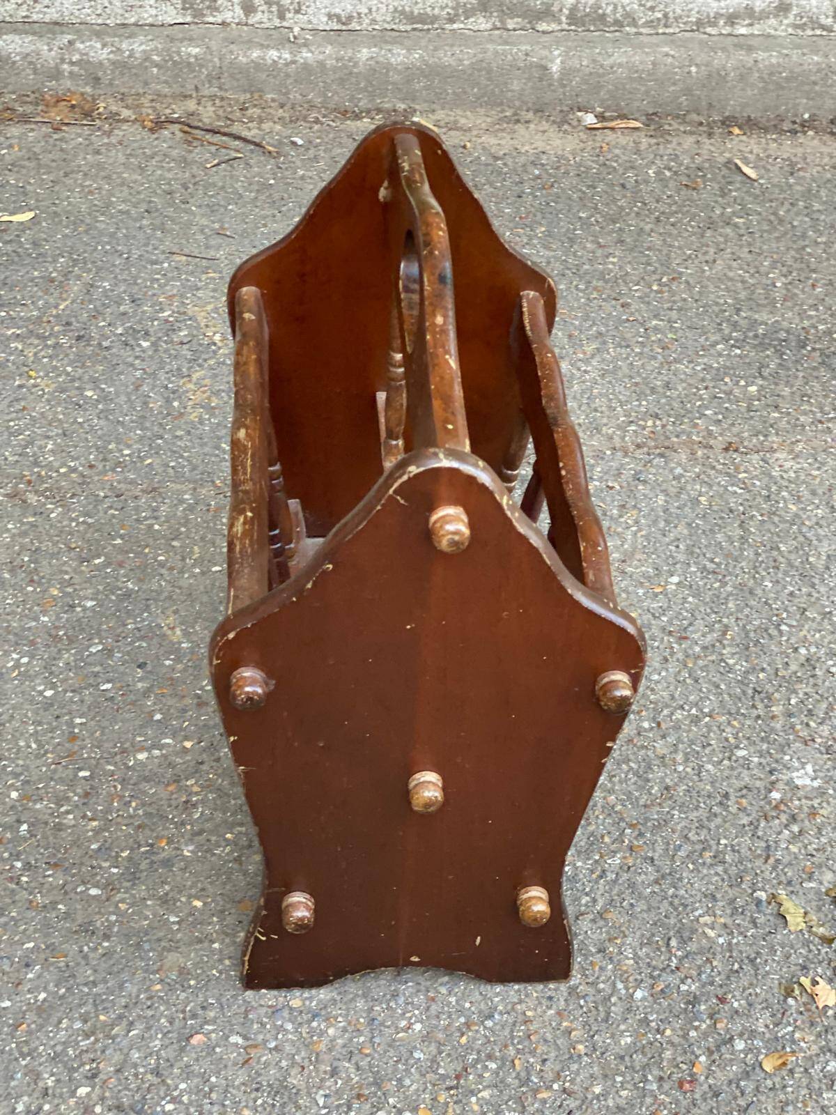 Vintage magazine rack, solid wood document holder with handle