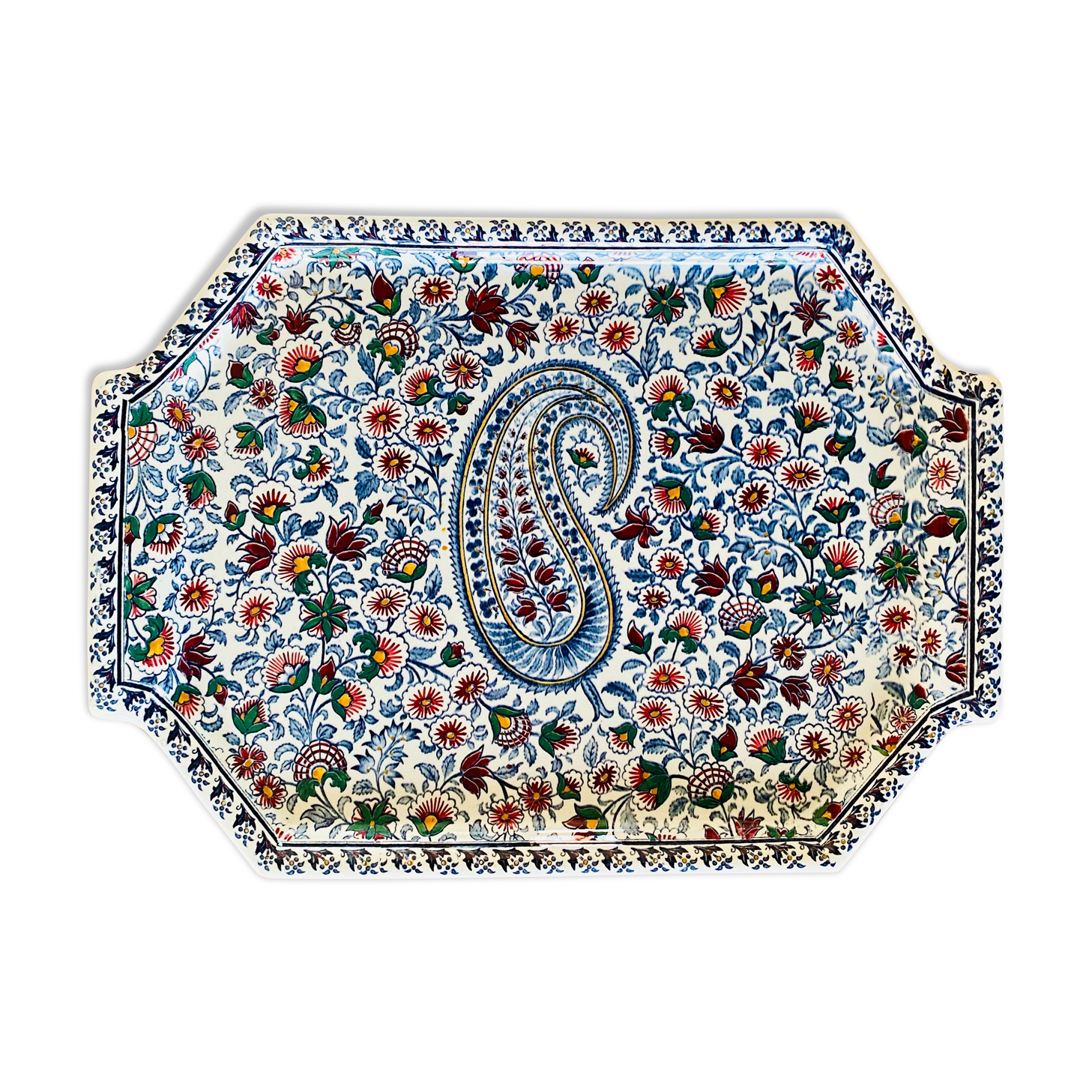 Grand plateau en faience de Gien décor Cachemire, 1960