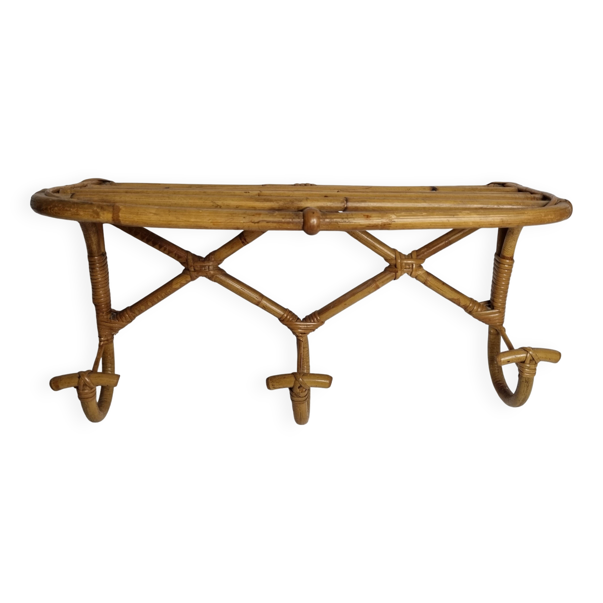 Vintage Rattan Wall Shelf with Hooks – 60s/70s