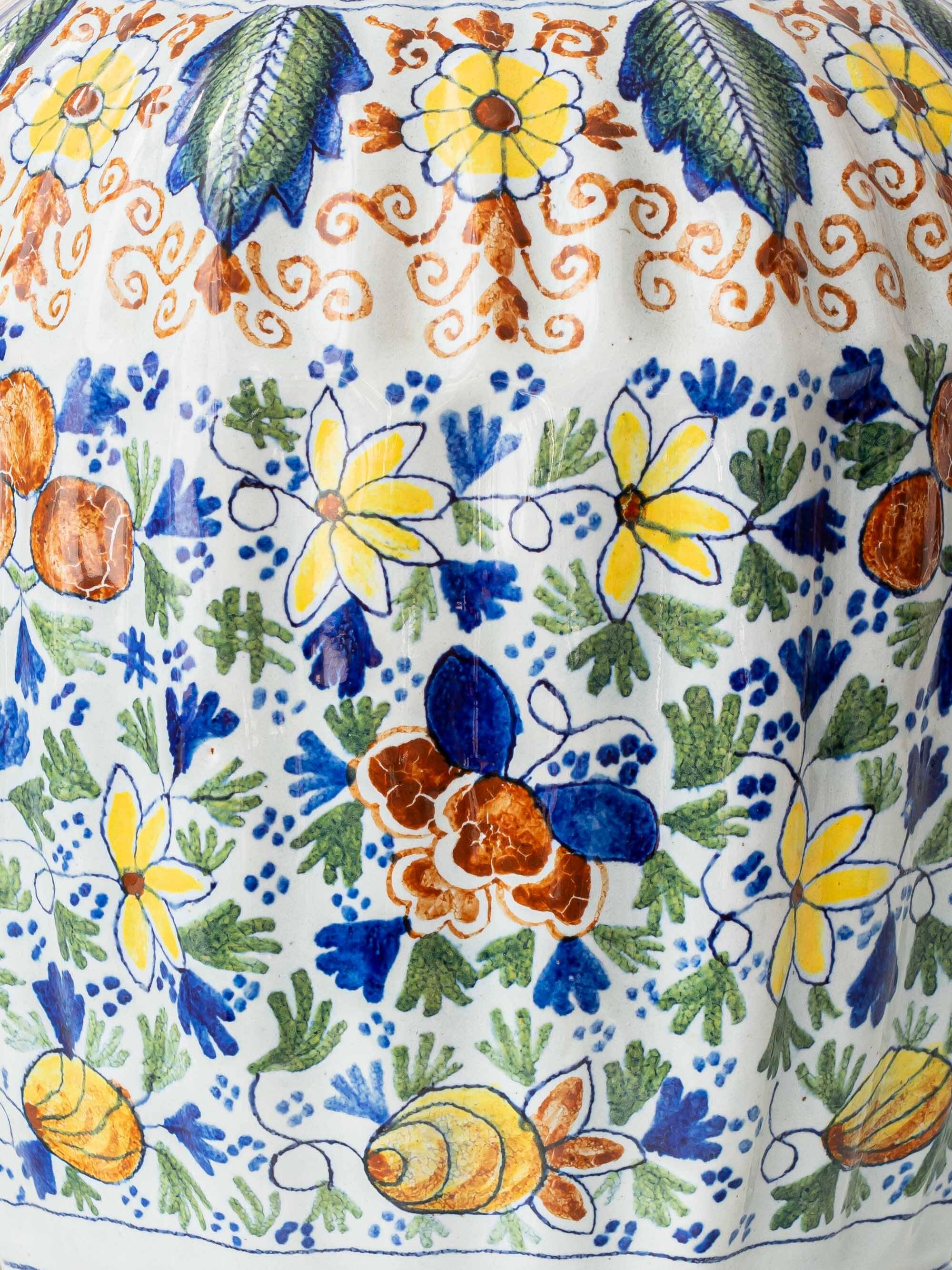 Polychrome Dutch Delft Table Lamp, Tichelaar Makkum, with New Loose Pleat Silk Shade