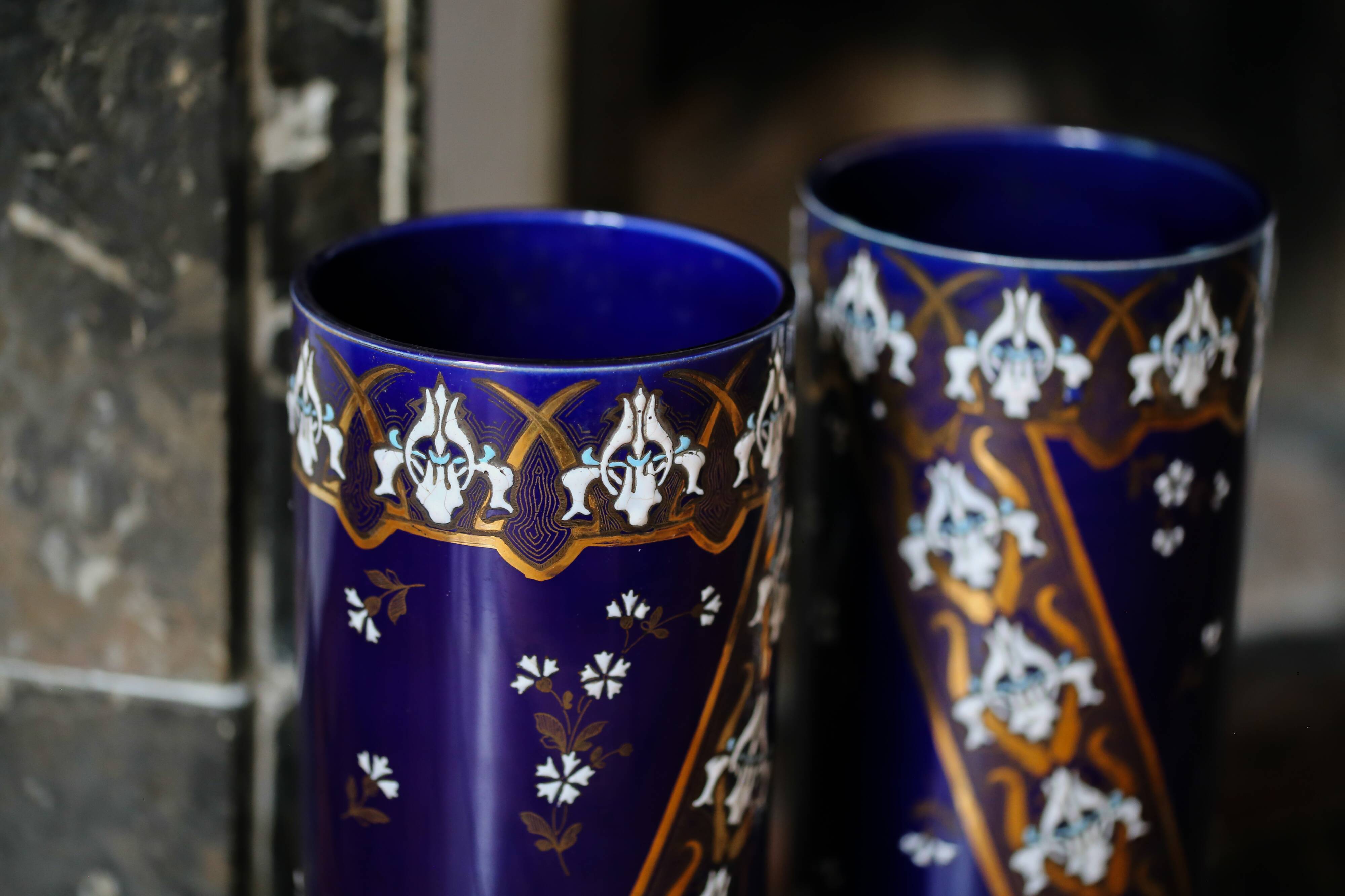 Pair of Lunéville porcelain vases Art Nouveau blue ceramic