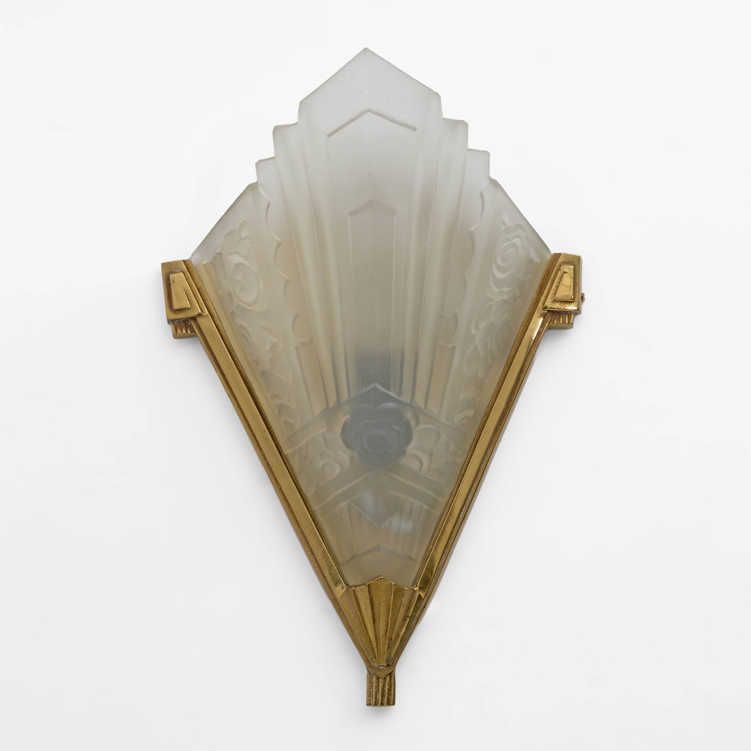 Pair of Art Deco Pressed Glass and Brass Sconces, France, 1930s