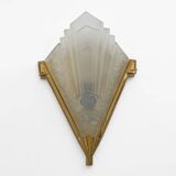 Pair of Art Deco Pressed Glass and Brass Sconces, France, 1930s