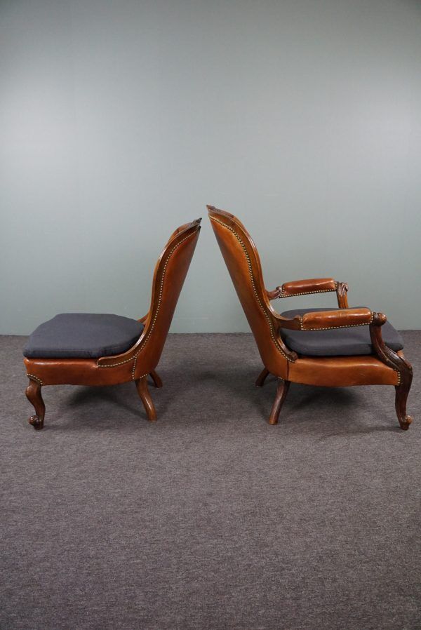 Unique antique set of 2 sheepskin leather armchairs
