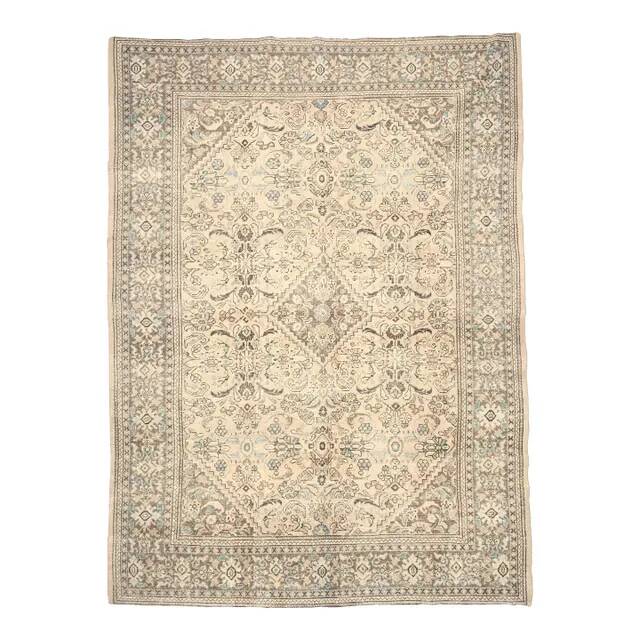 1970s Vintage Persian Handmade Wool Cotton Beige Area Rug 291x387