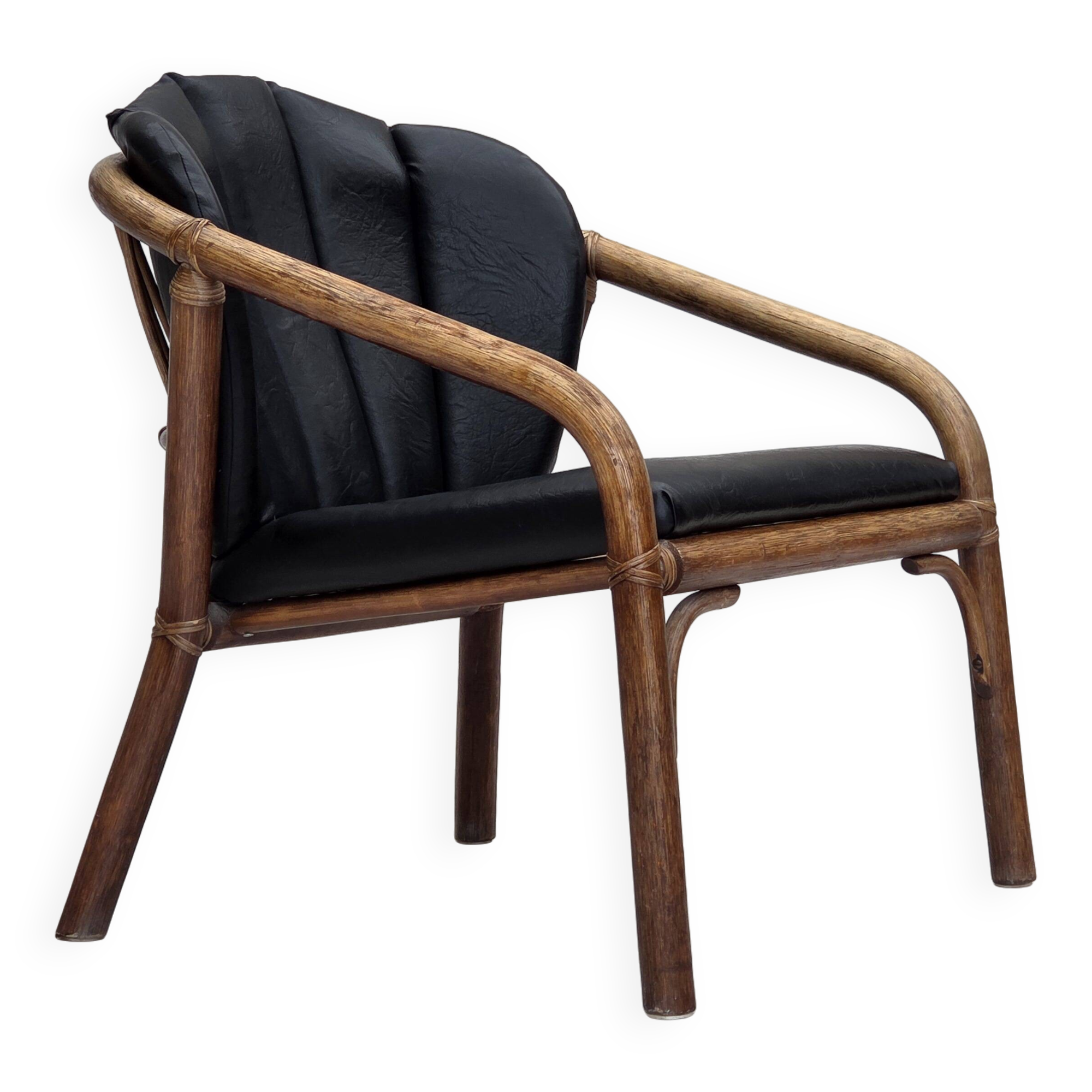 1970s, Danish armchair, rattan, black artificial leather.
