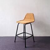 Low model stool of wicker and metal by Rohé Noordwolde, The Netherlands 1960's