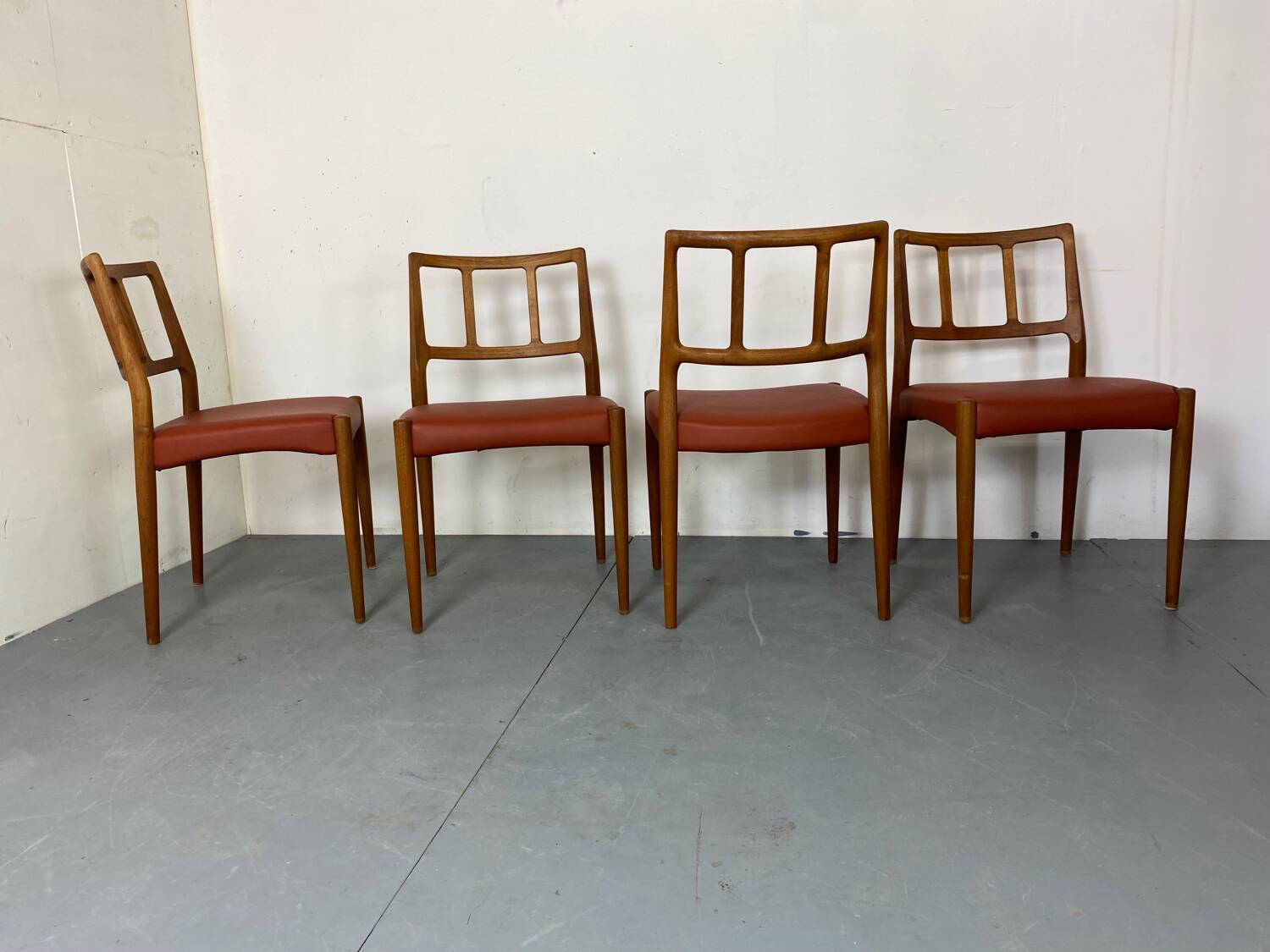 Mid-Century Danish Teak and Leather Dining Chairs by Johannes Andersen for Uldum Møbelfabrik, 1950s, Set of 4