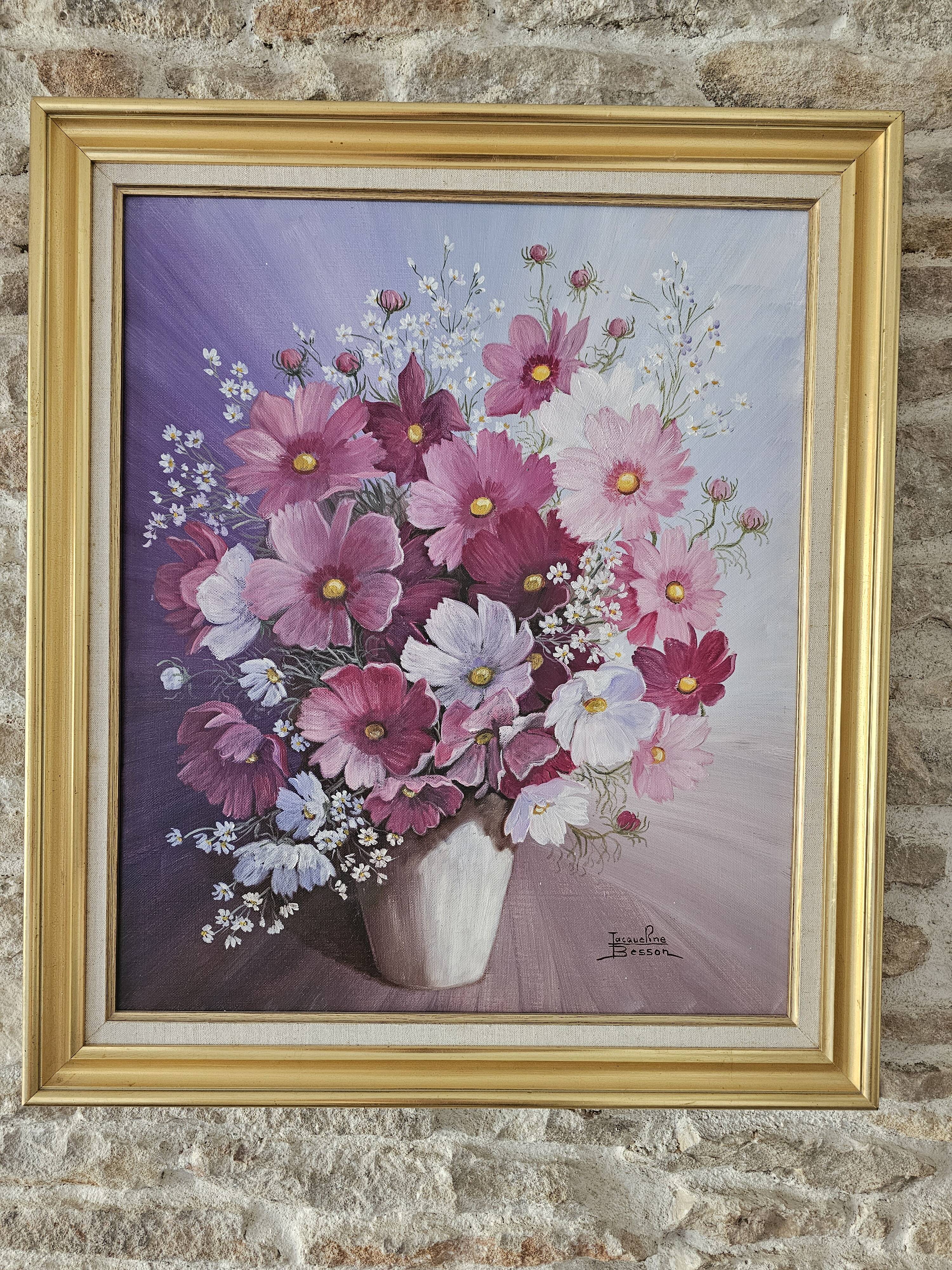 Oil on Canvas Still Life Flowers Cosmos Signed Jacqueline Besson