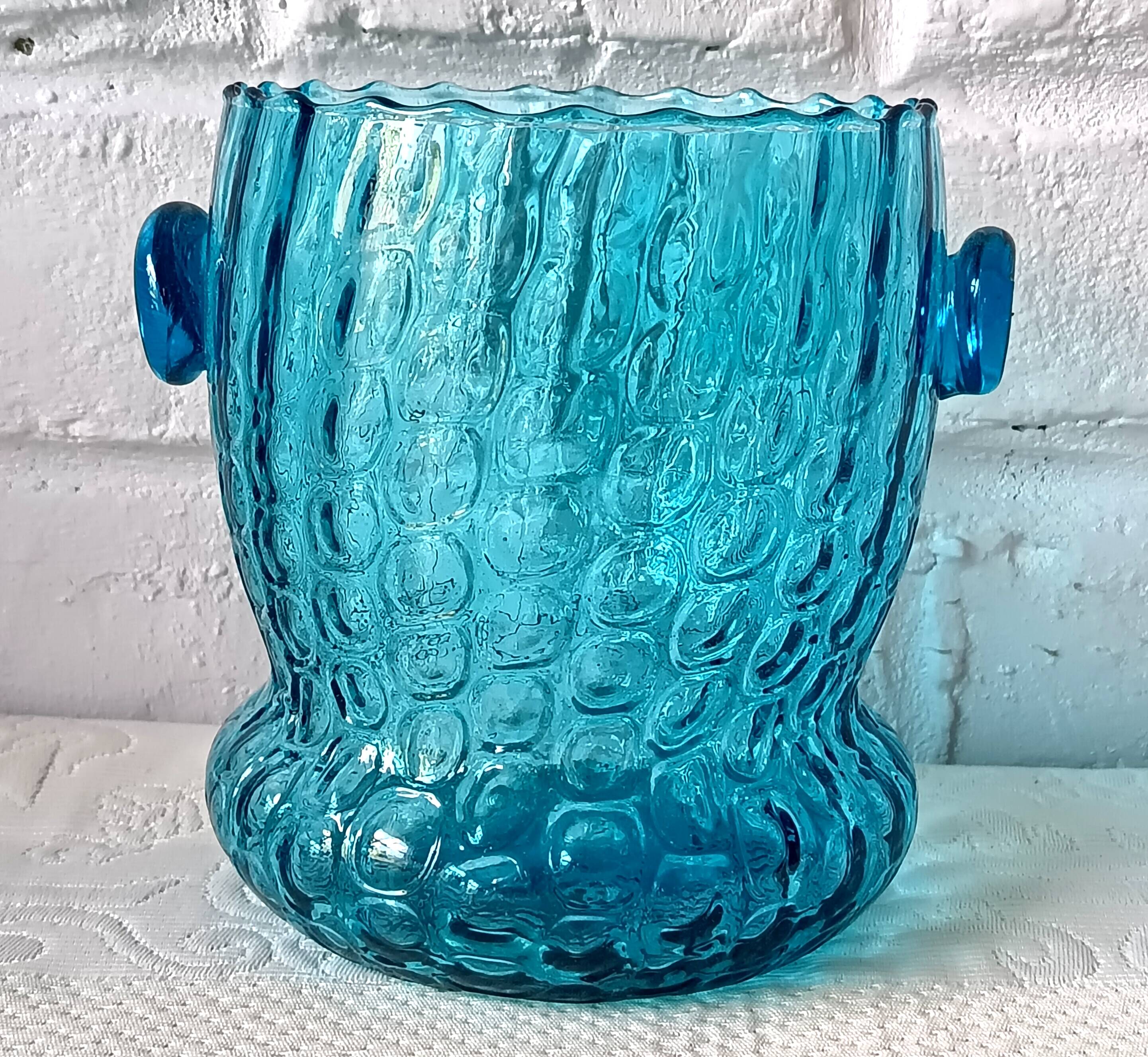 Ice bucket optical turquoise glass, vintage crystal