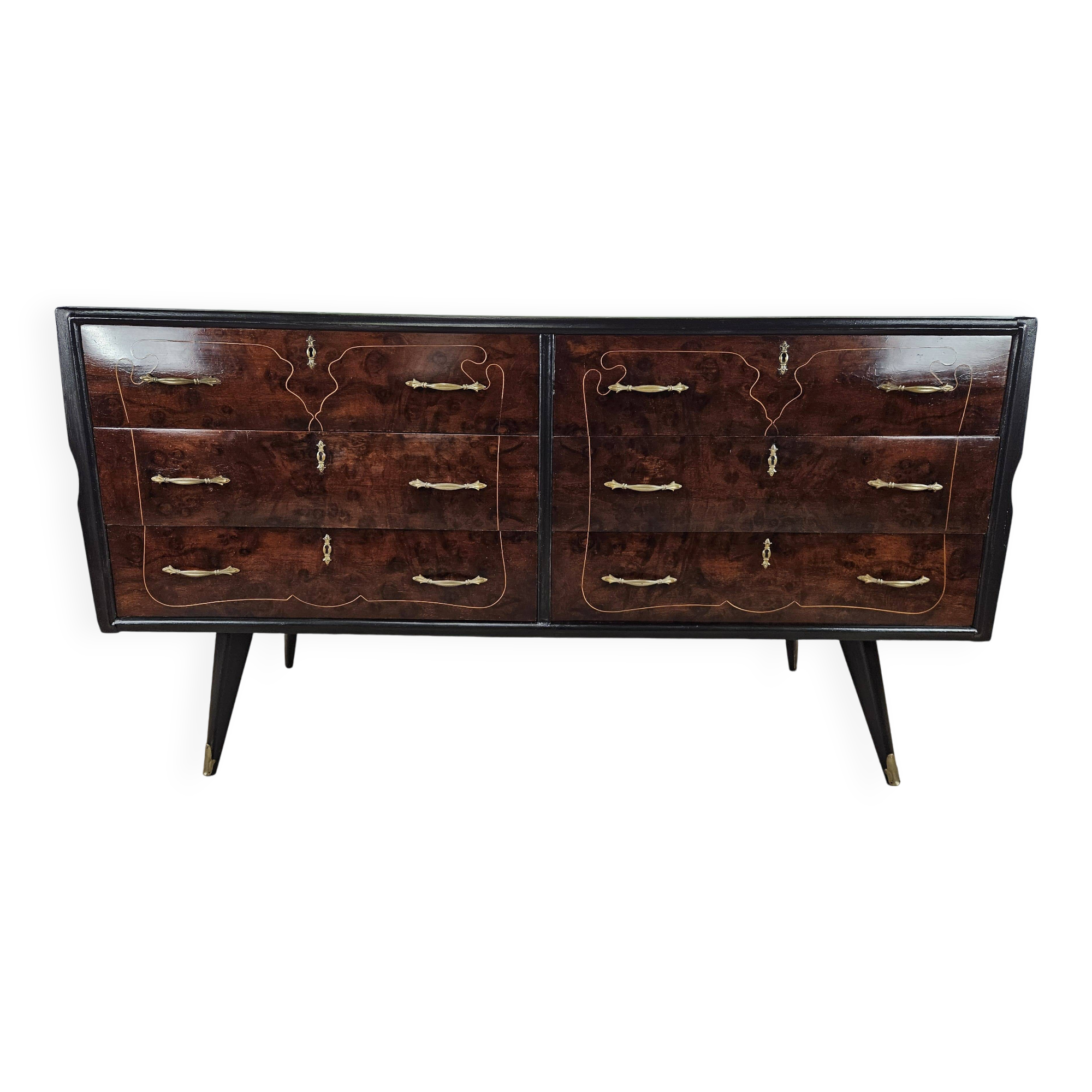 1960s chest of drawers in mahogany and lacquered mahogany with blue glass