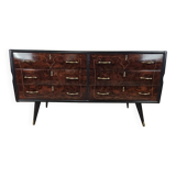 1960s chest of drawers in mahogany and lacquered mahogany with blue glass