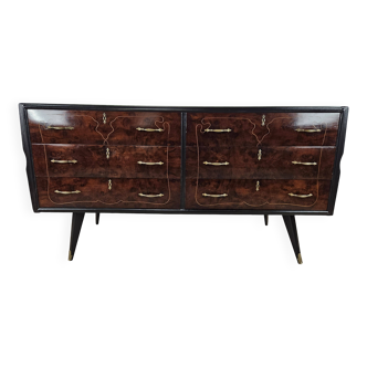 1960s chest of drawers in mahogany and lacquered mahogany with blue glass