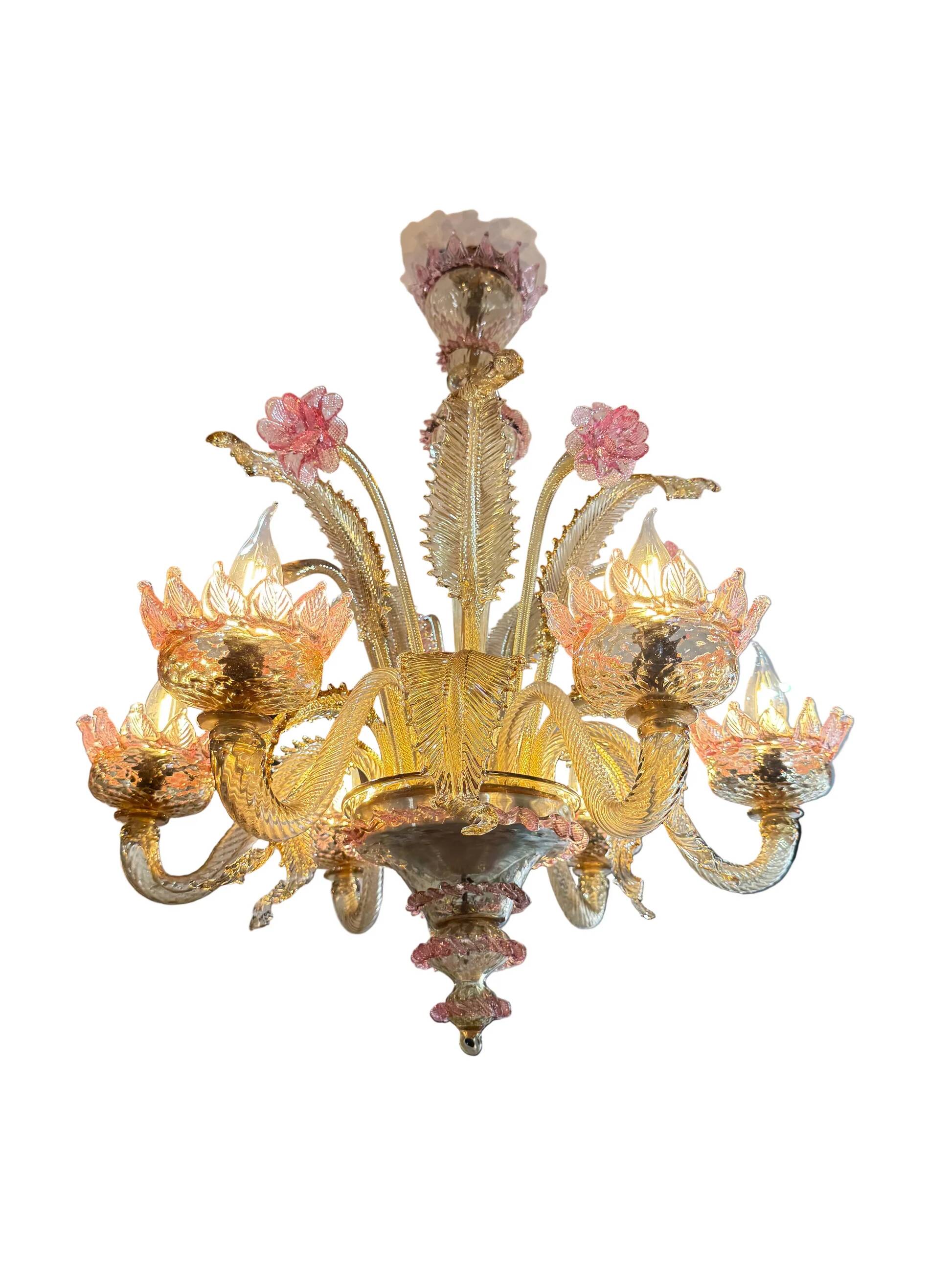 Venetian glass chandelier with pink and gold floral decoration – 6 lights