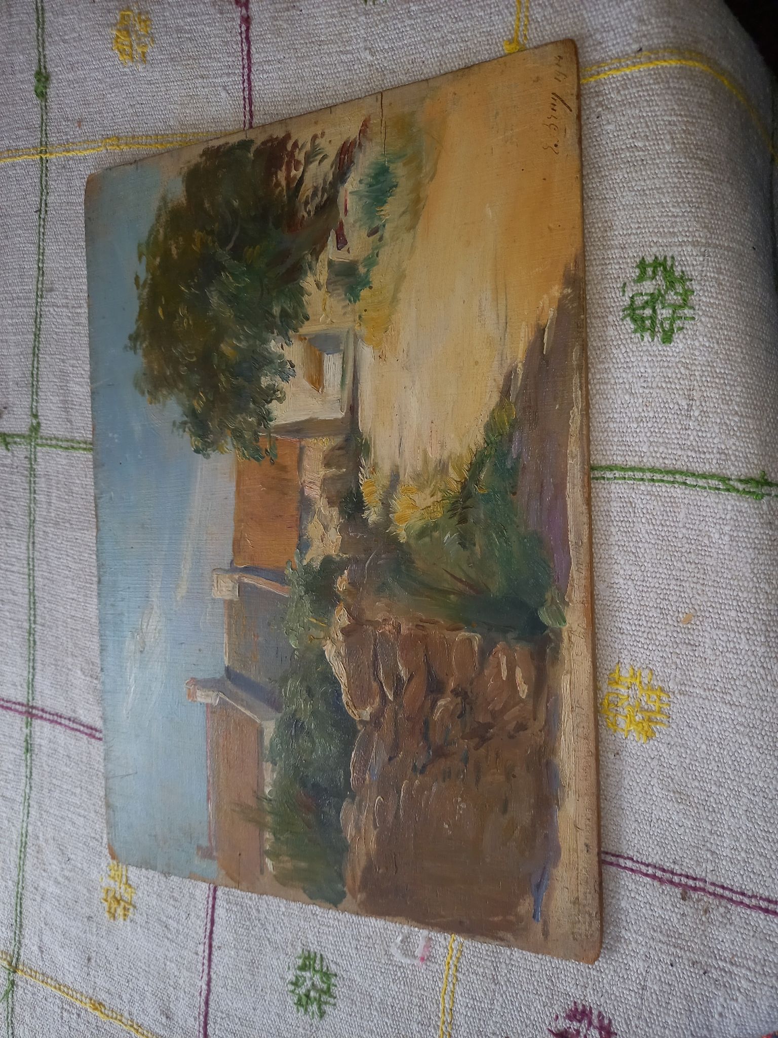 Huile sur bois village sur la presqu'île de  kermorvan,  Morbihan