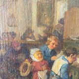 Painting "The schoolmaster" old copy of the Louvre of Mahudez cf. Van Ostade