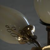 Paavo Tynell for Idman OY, 3-arm chandelier in brass and glass, mid-century, 1940s.