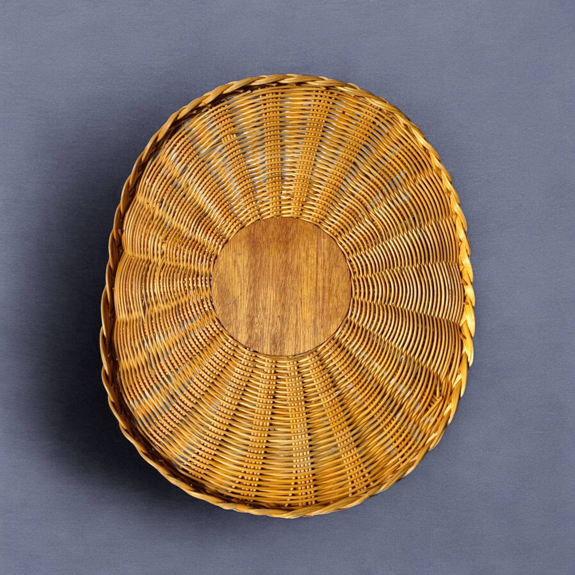 Antique large round wicker and bamboo presentation basket - diameter: 59 cm