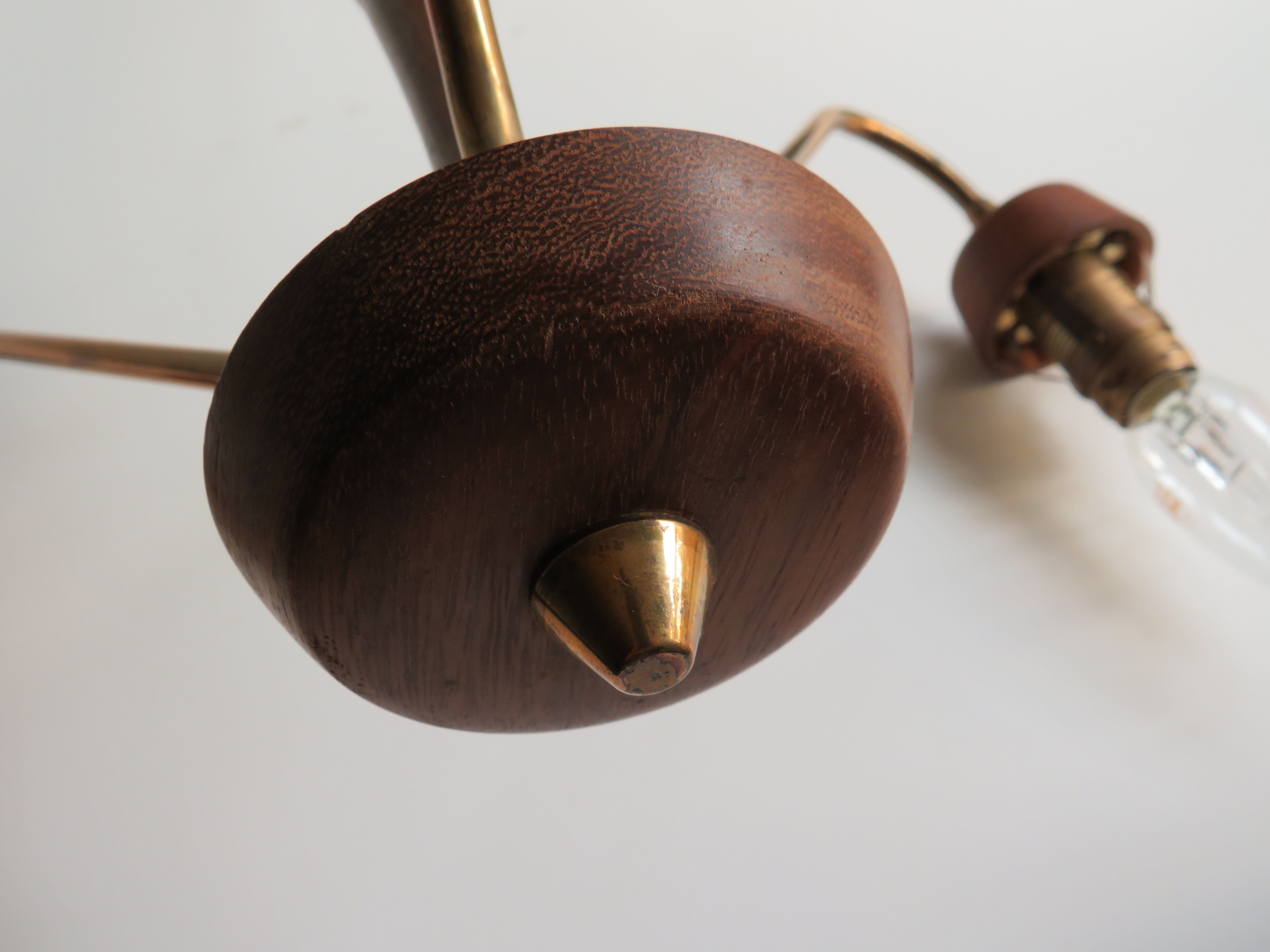 Scandinavian 3-arm chandelier, teak, brass and 1960 glass