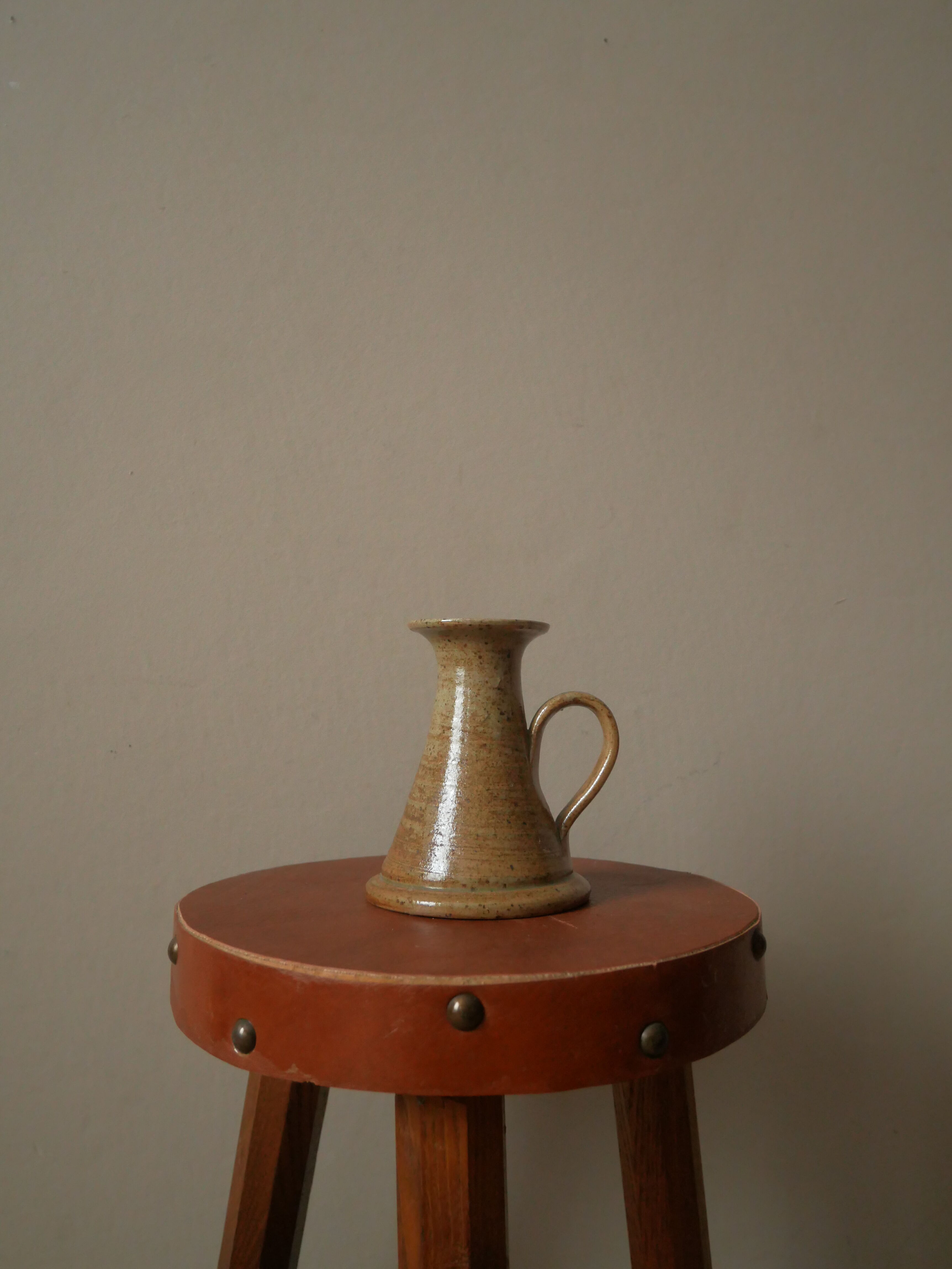 Vintage handheld stoneware candle holder, Scandinavian decorative object