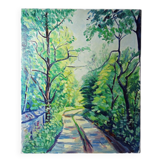 Modern colourful landscape tableau oil on canvas vintage village signed Gaulot