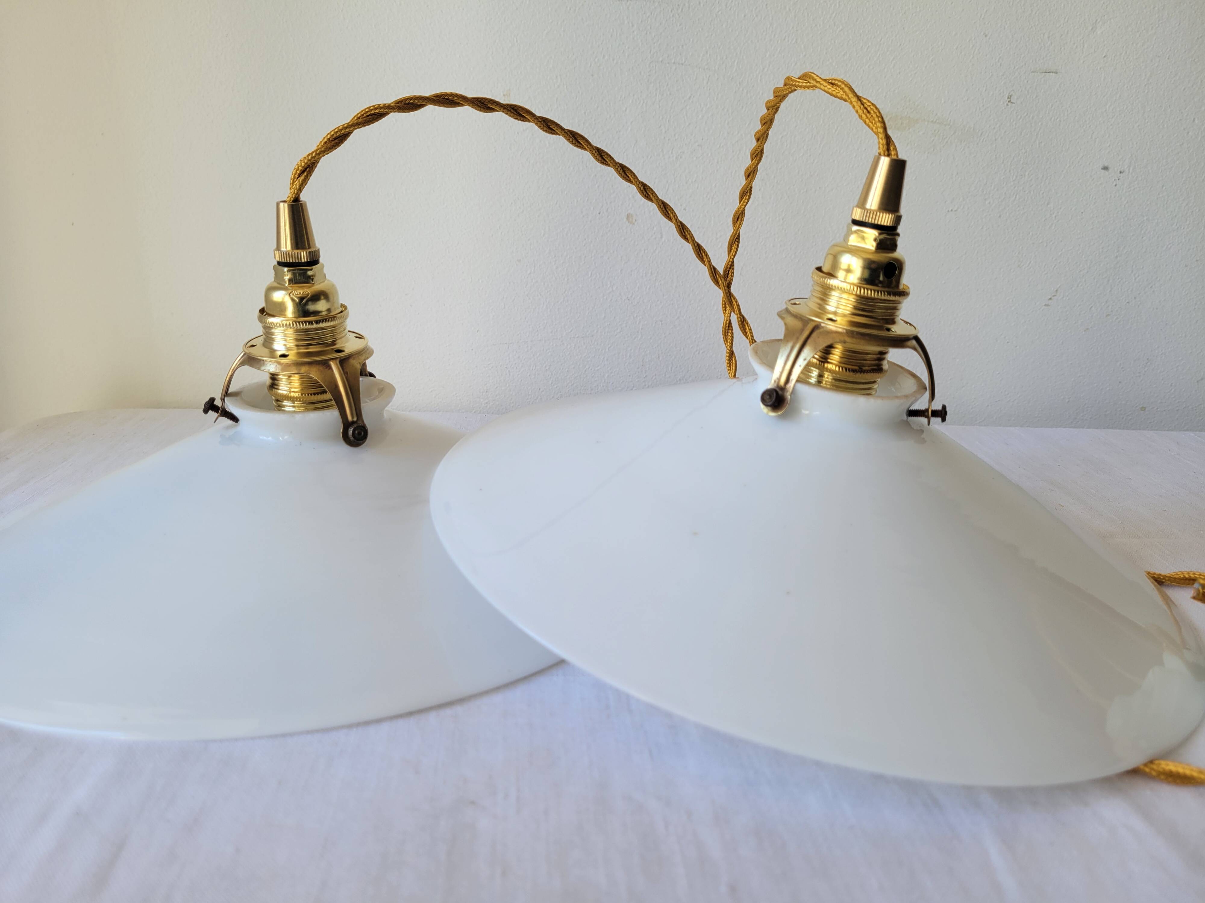 Duo of white opaline pendant lights