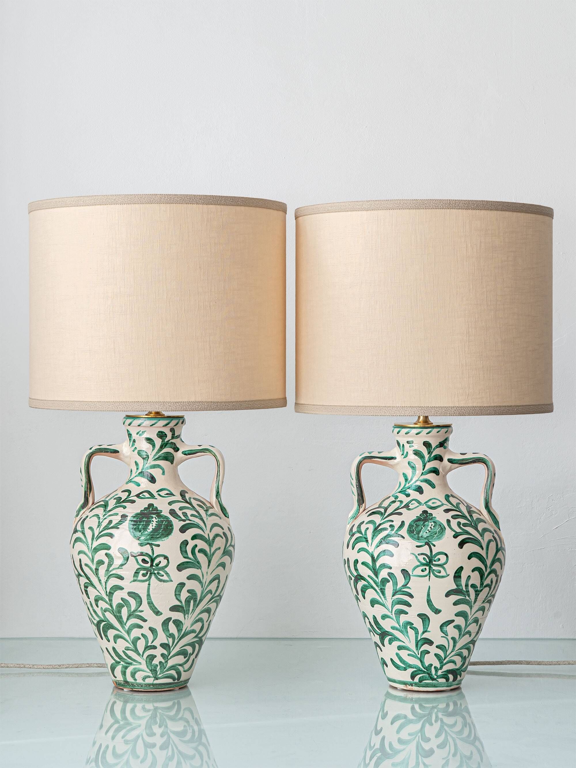 Spanish Revival Ceramic Table Lamp Pair from Granada, New Linen Lampshades