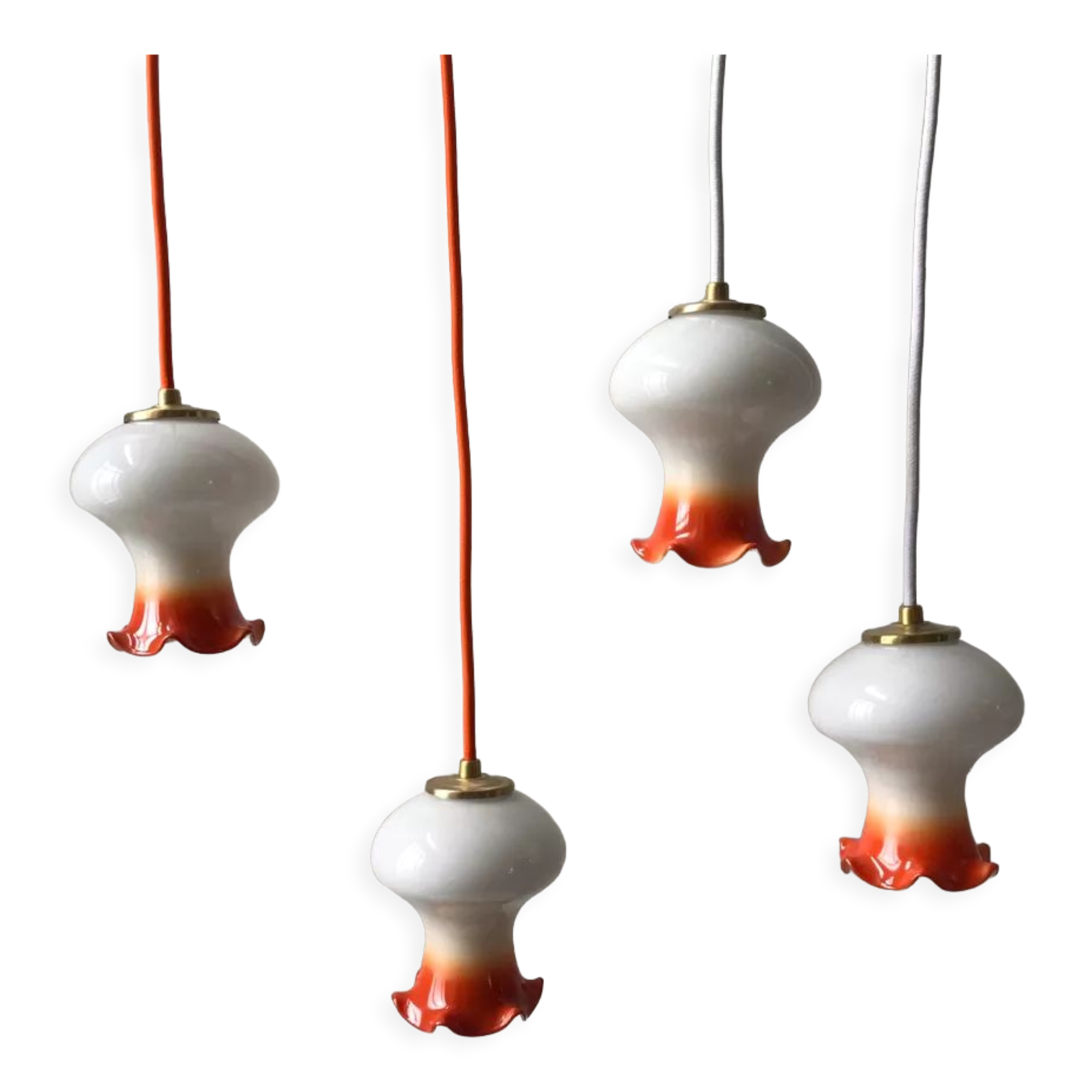 Set of 4 suspensions tulips in opaline orange gradient thread orange and white 70s