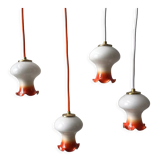 Ensemble de 4 suspensions tulipes en opaline orange dégradé fil orange et blanc années 70
