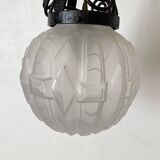 1930s Art Deco pendant light in frosted glass and wrought iron