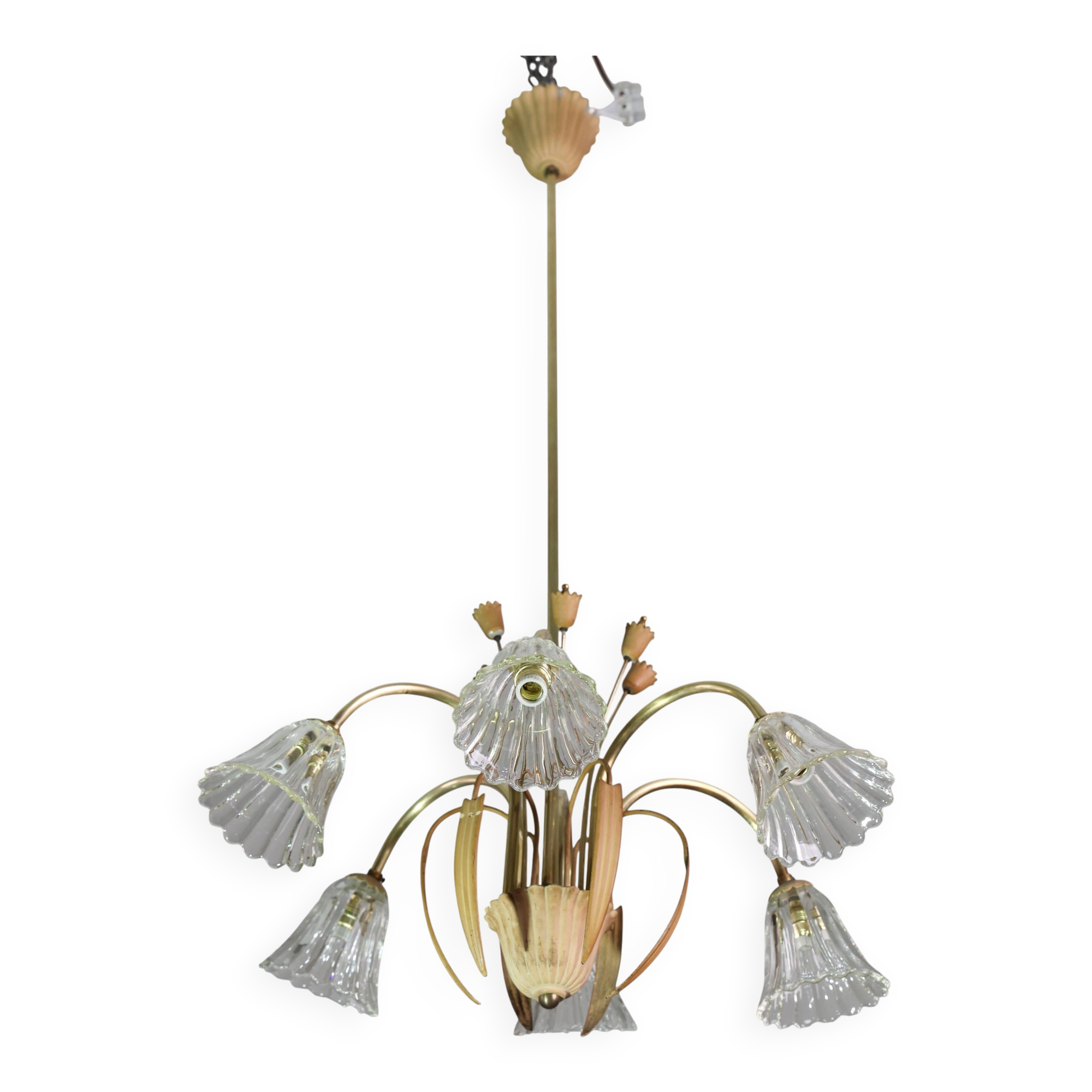 Art Deco Murano Glass and Brass Chandelier, 6 light, 1950