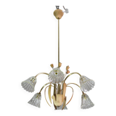 Chandelier Art Déco en verre de Murano et laiton, 6 lumières, 1950