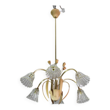 Art Deco Murano Glass and Brass Chandelier, 6 light, 1950