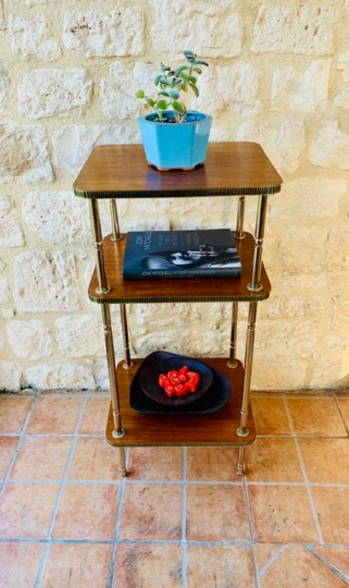 Three-shelf side table in teak and brass 60/70s