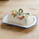 Large vintage faience butter dish with slip decoration – Fruit design