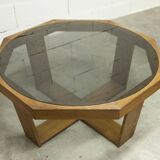 Unique hexagonal table 1977, smoked glass and oak, Swiss made.