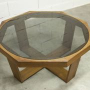 Unique hexagonal table 1977, smoked glass and oak, Swiss made.