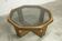 Unique hexagonal table 1977, smoked glass and oak, Swiss made.