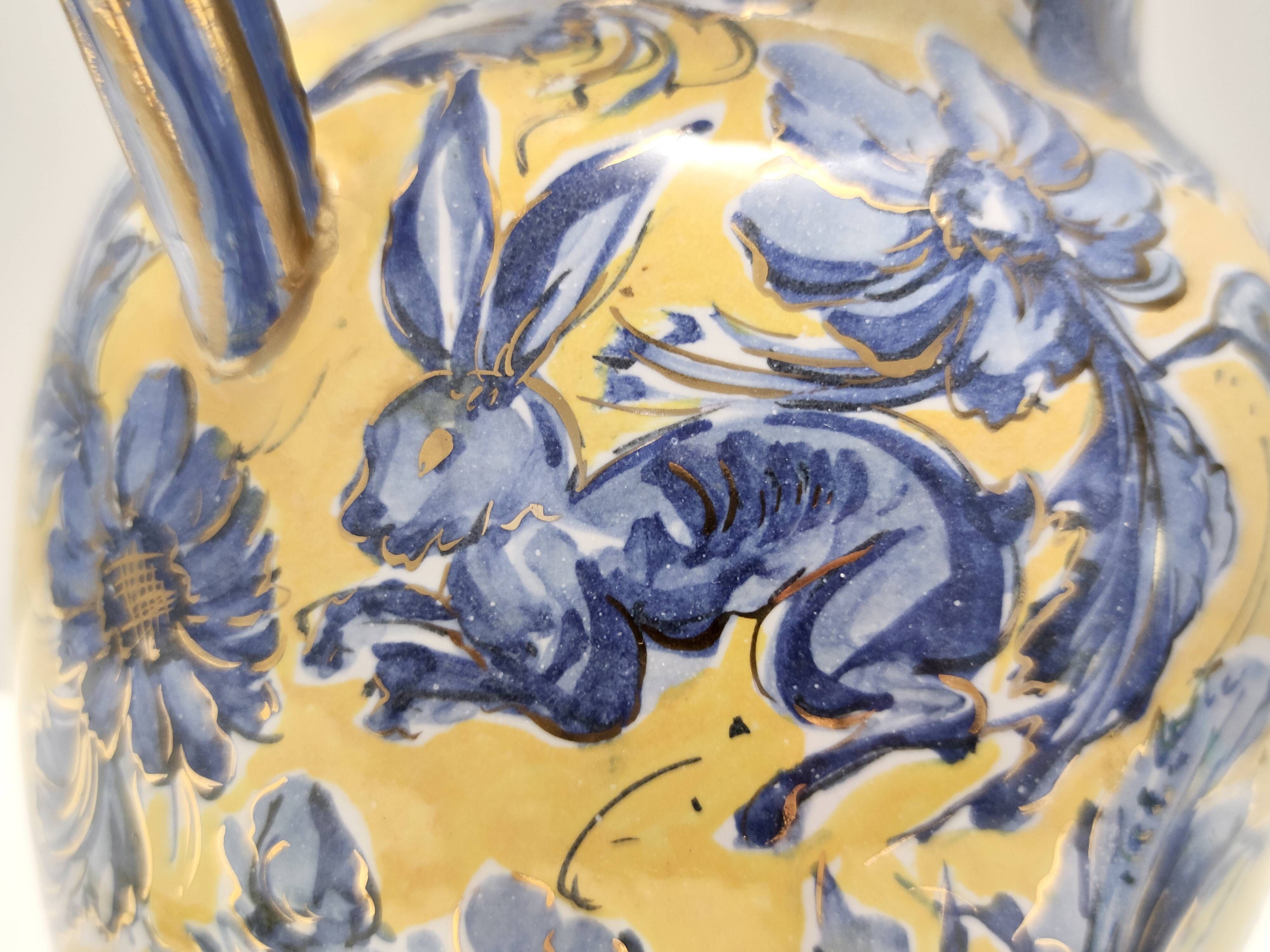 Vintage Handmade Yellow and Blue Glazed Ceramic Amphora by Zulimo Aretini, Italy