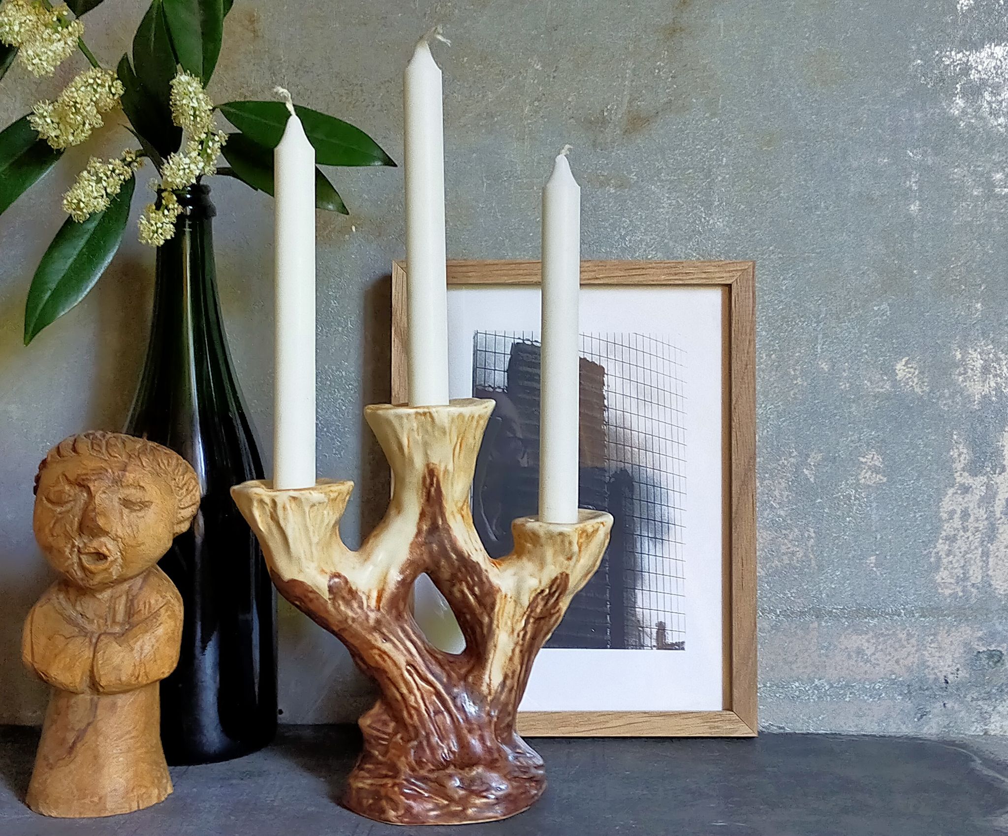 Bougeoir céramique faux-bois années 50