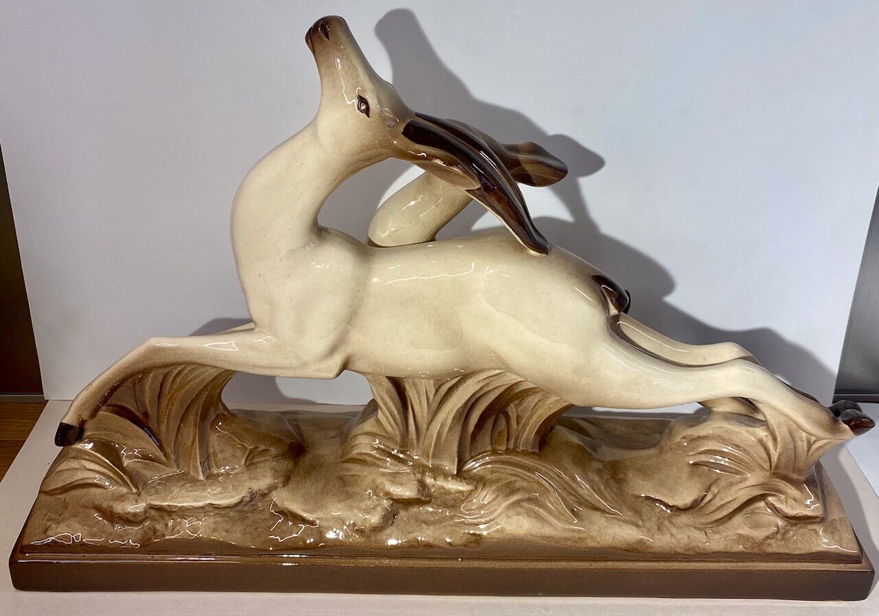 Ceramic deer and doe signed Lemanceau (1905-1980)