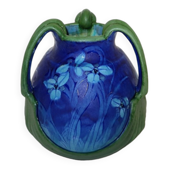 Vase in glazed sandstone, with floral decoration, signed e. lachenal – late nineteenth
