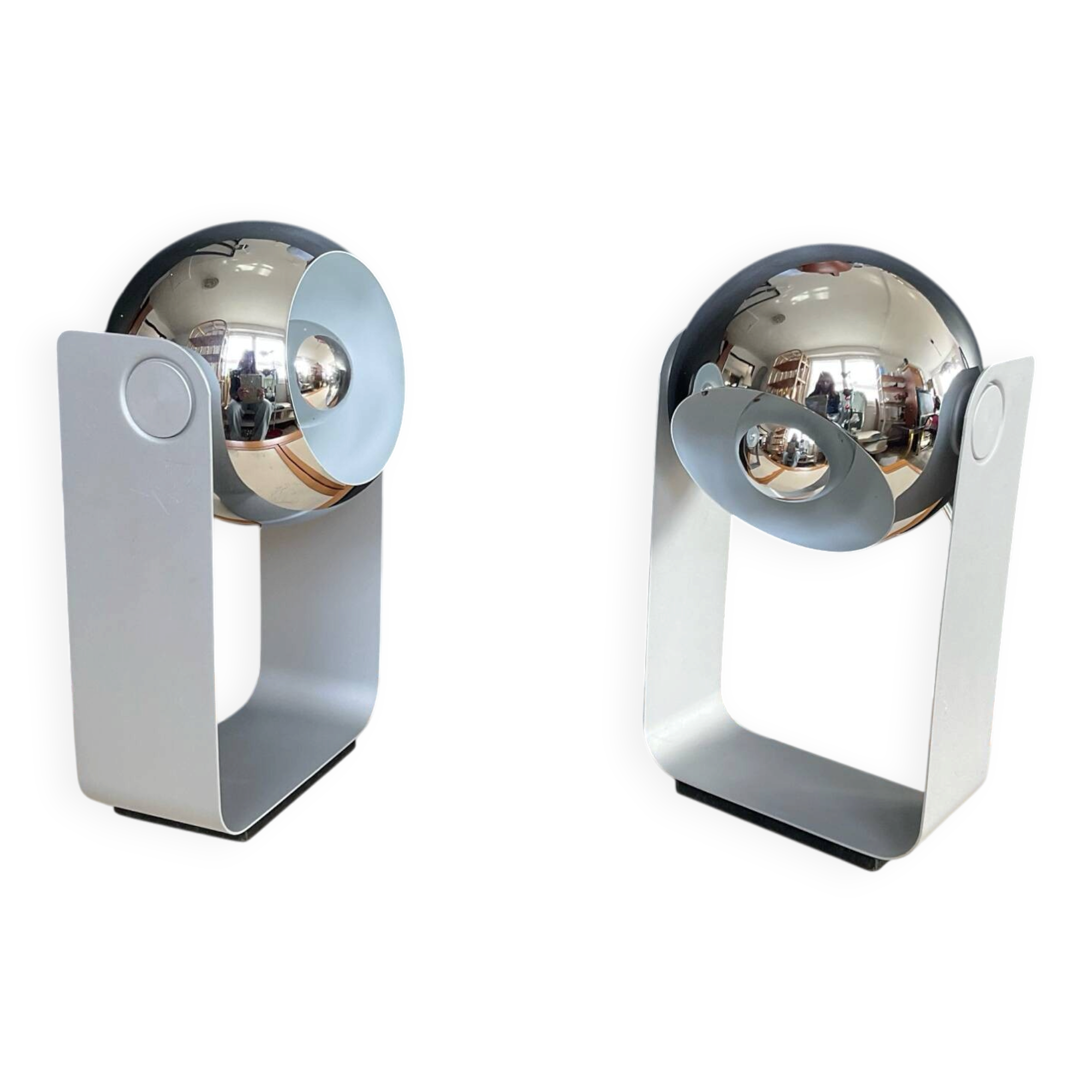 Pair of Eyeball lamps in chrome metal and aluminium